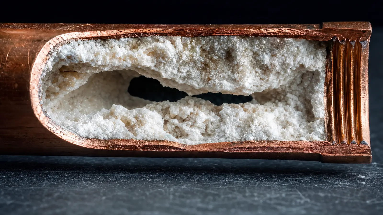 Cross-section of a copper pipe blocked by hard water mineral scale