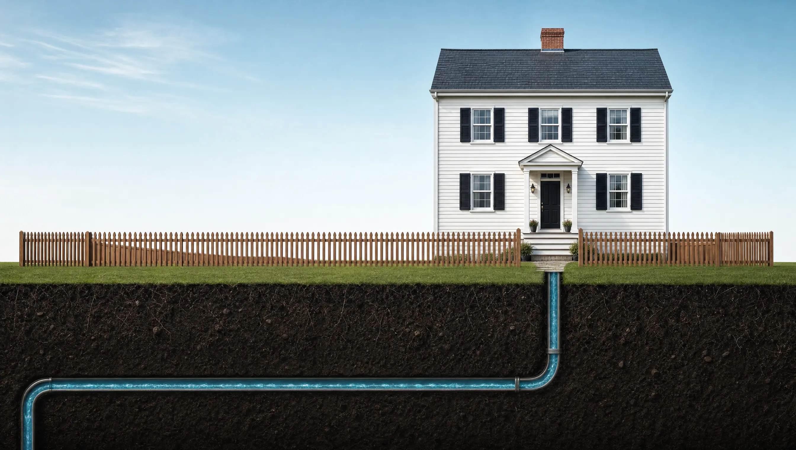 A white colonial home behind a picket fence, its well supply line running down through the soil beneath the lawn